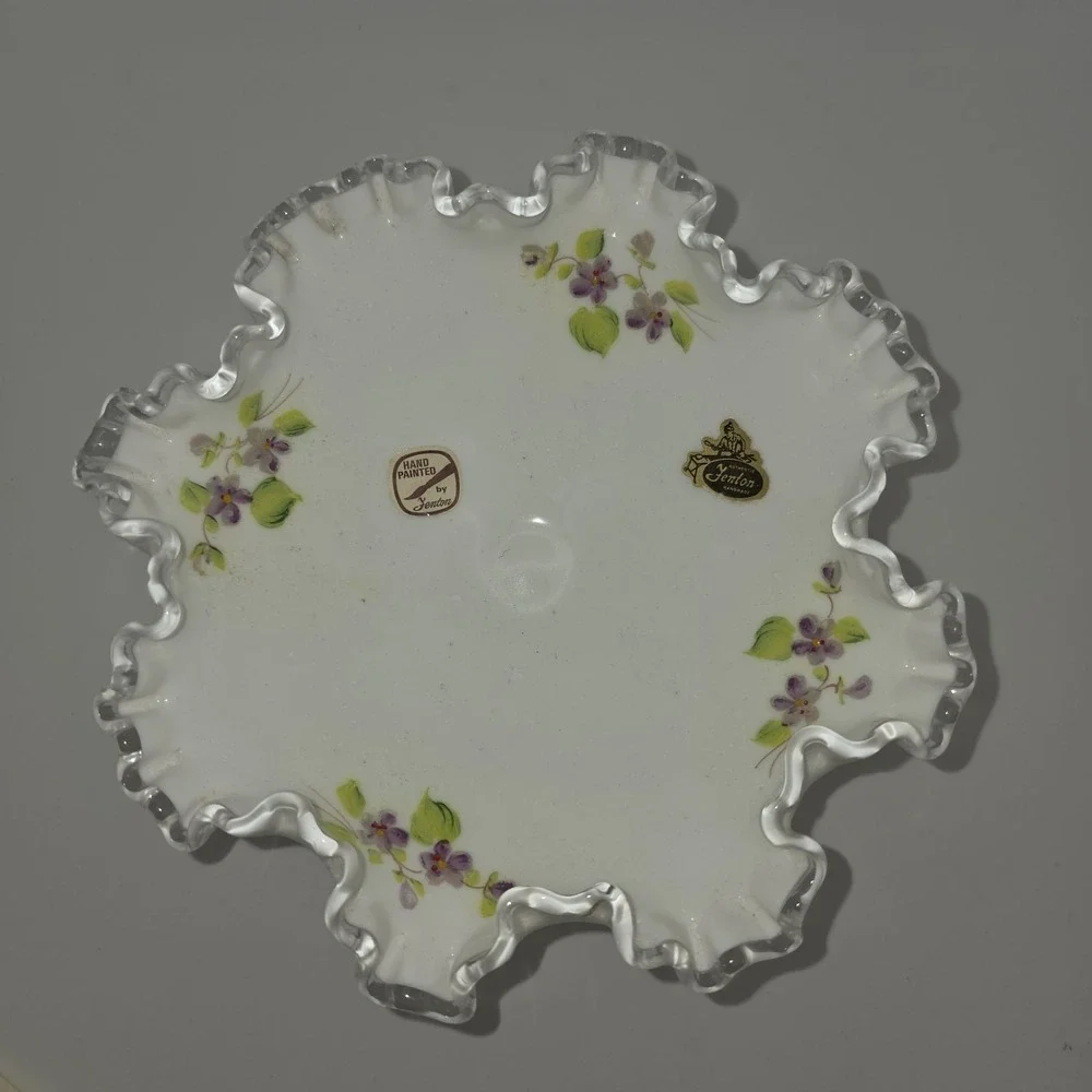 VINTAGE FENTON Silver Crest Milk Glass Footed Flared Bowl Violets Personalized